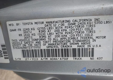 2007 Toyota Tacoma Base V6 from USA, damaged, VIN 5TEUU42N87Z373352
